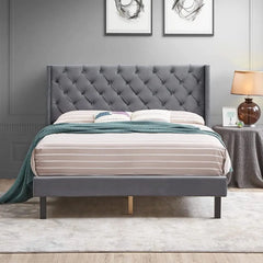 Bed Dive- Wood Queen Size Bed Upholstered Double Bed Cot Bed Furniture for Bedroom Living Room Home (Grey Finish) Furneez