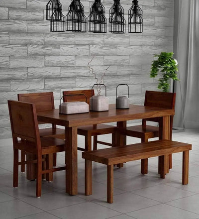 Dining Set Gini- Wooden Dining Table 6 Seater | Six Seater Dinning Table with 4 Chairs & 1 Bench for Home | Dining Room Sets for Restraunts | Sheesham Wood, Teak Brown Furneez
