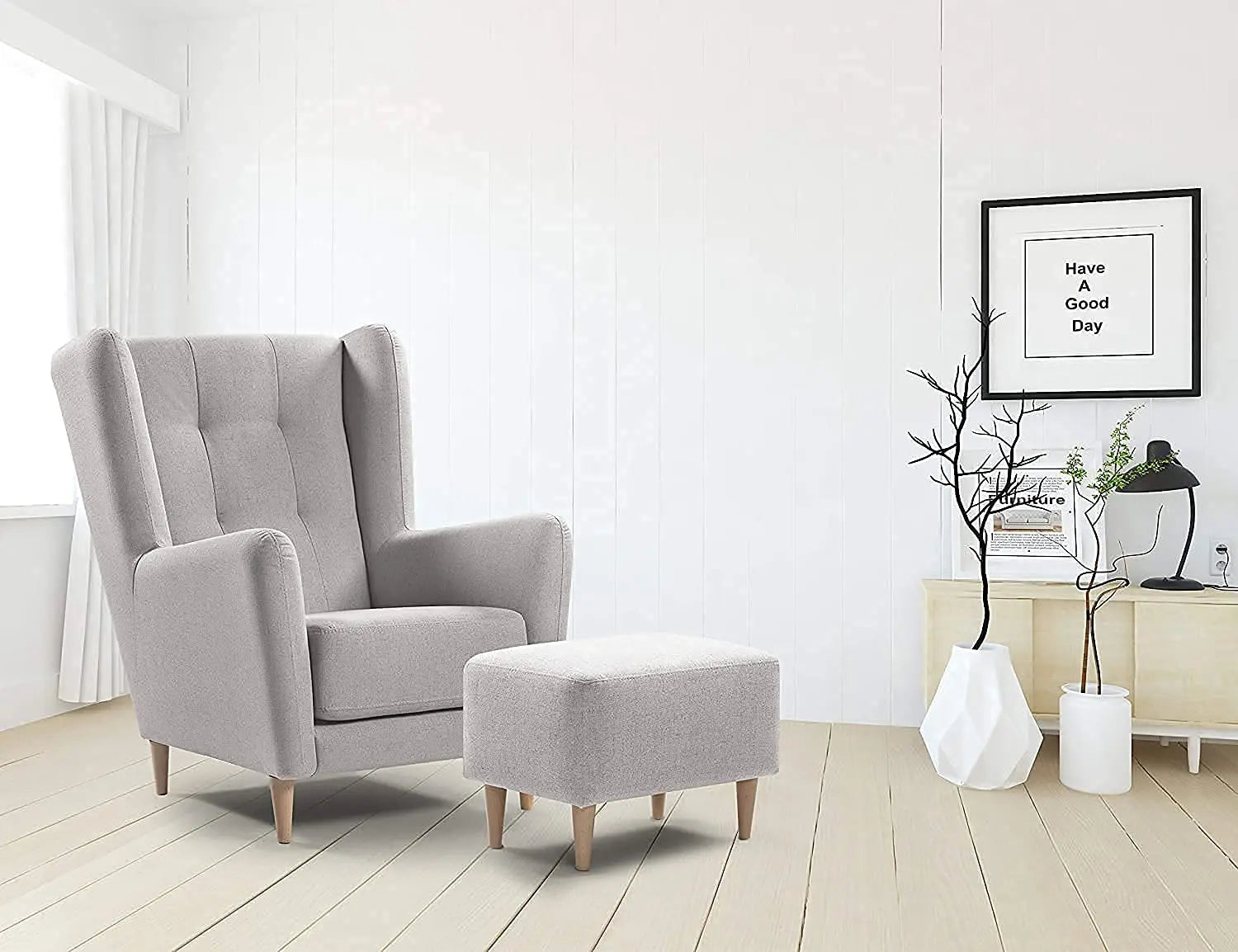 Modern & Luxury Furniture Single Seater Armchair Fabric Accent Upholstered Chair Wing Back with Solid Wooden Legs Living Room Sofa Chair Furneez
