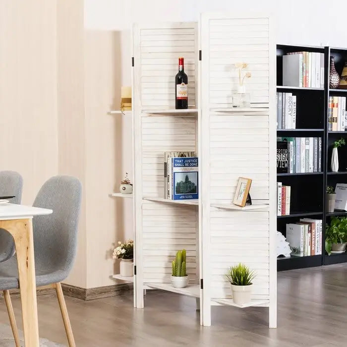 Partition Blah- Wooden Partition in White Color Zigzag Position for Living Room & Office Divider Panel with Shelf's Separator Furneez
