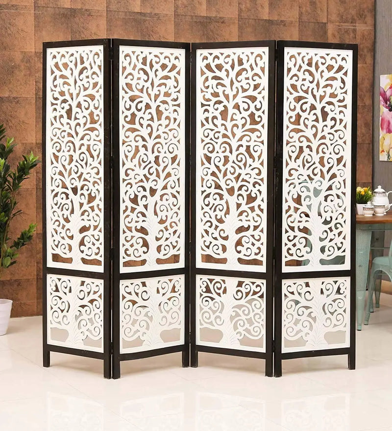 Partition Kiva- Wooden Handmade Room Partition for Living Room, Room Divider 4 Panel, Partition for Pooja Room,Wooden Screen Separator Partition Wall Divider Home Furneez