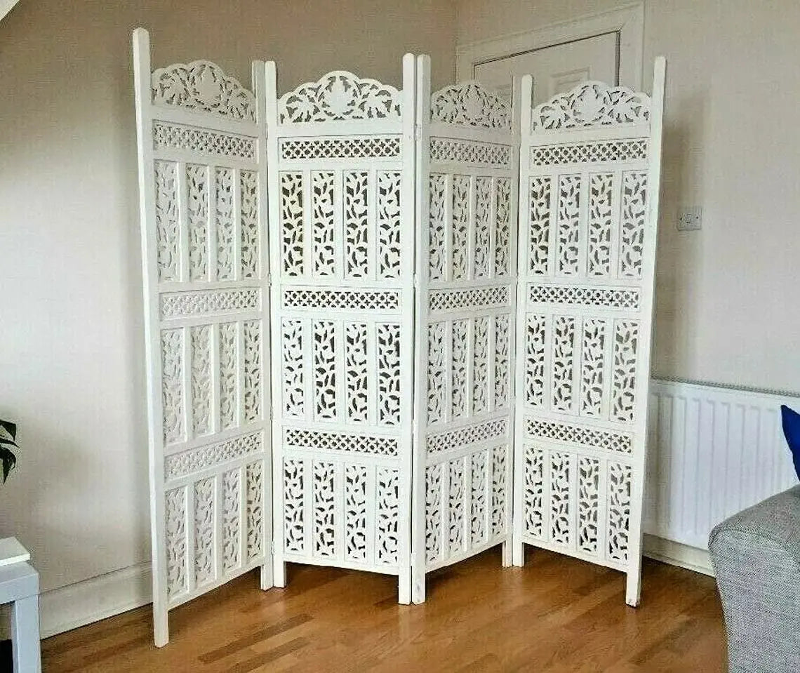 Partition Perk- Wood Handmade Partition Room Divider Wall Screen | Safety Barrier Panel 4 Panel White Color Furneez