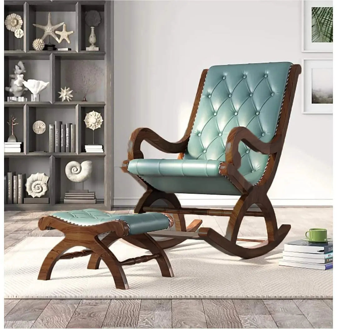 Rocking chair Buck- Wooden Handmade Rocking chair with Cushion Foot Rest Pure Wood Chair with Stool Rolling Lazy Relaxing Chair for Living room Furneez