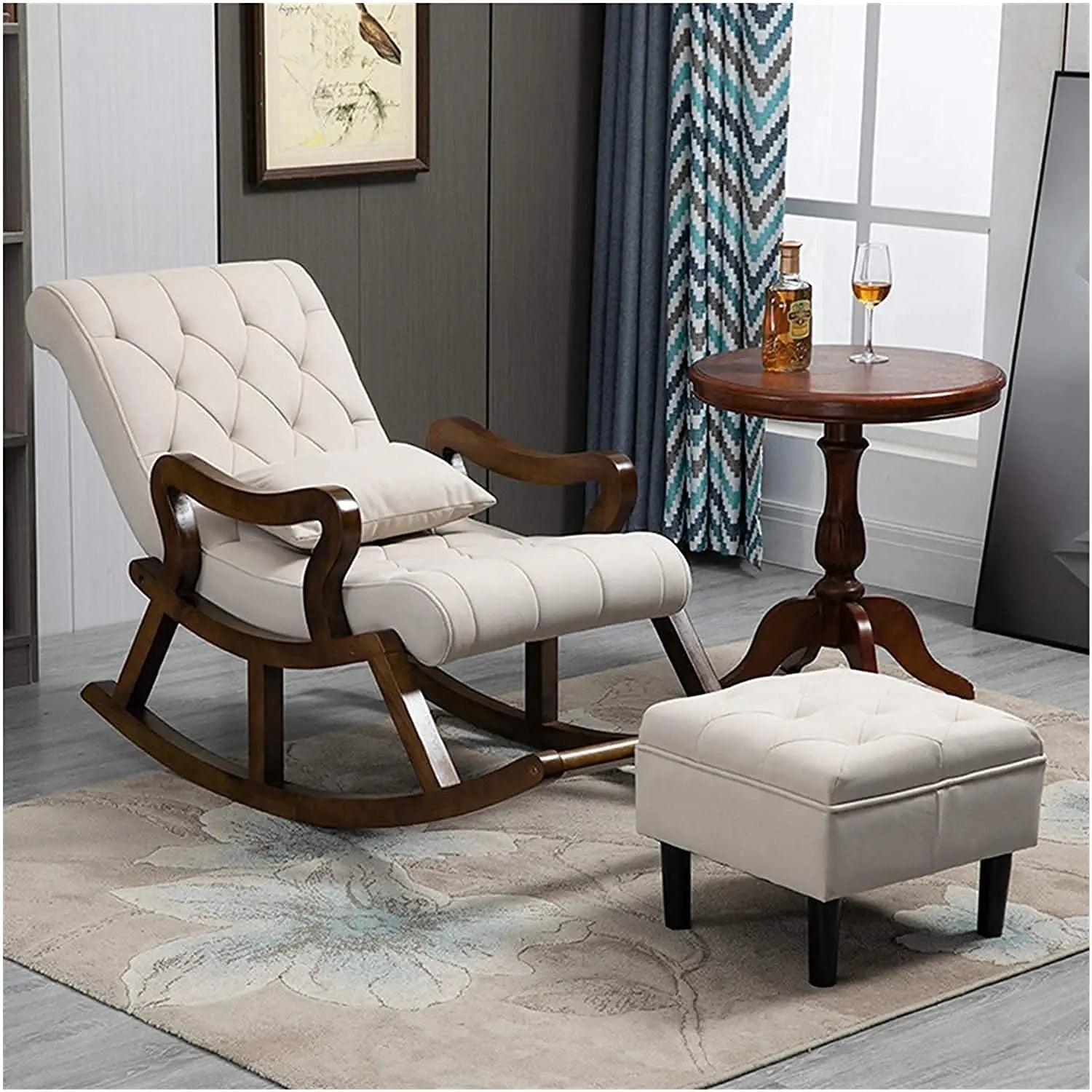 Rocking chair Flex- Wooden Standard Cushioned Rocking Chair with Foot Stool | Rolling Easy Chair | Chair for Parents | Cushioned Rocking Chair with Foot Stool Furneez