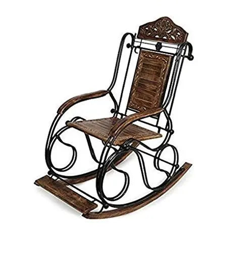 Rocking chair Zing- Beautiful Wooden & Iron Rocking Chair for Grand Parents | Patio Carved Vintage Outdoor Indoor Iron Rocking Chair for Garden Furneez