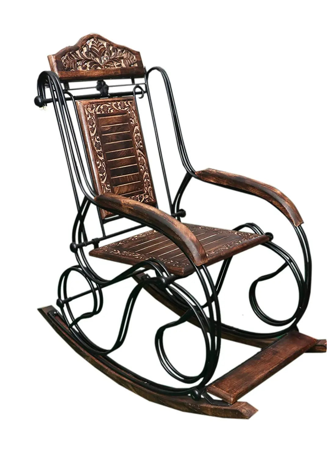 Rocking chair Zing- Beautiful Wooden & Iron Rocking Chair for Grand Parents | Patio Carved Vintage Outdoor Indoor Iron Rocking Chair for Garden Furneez