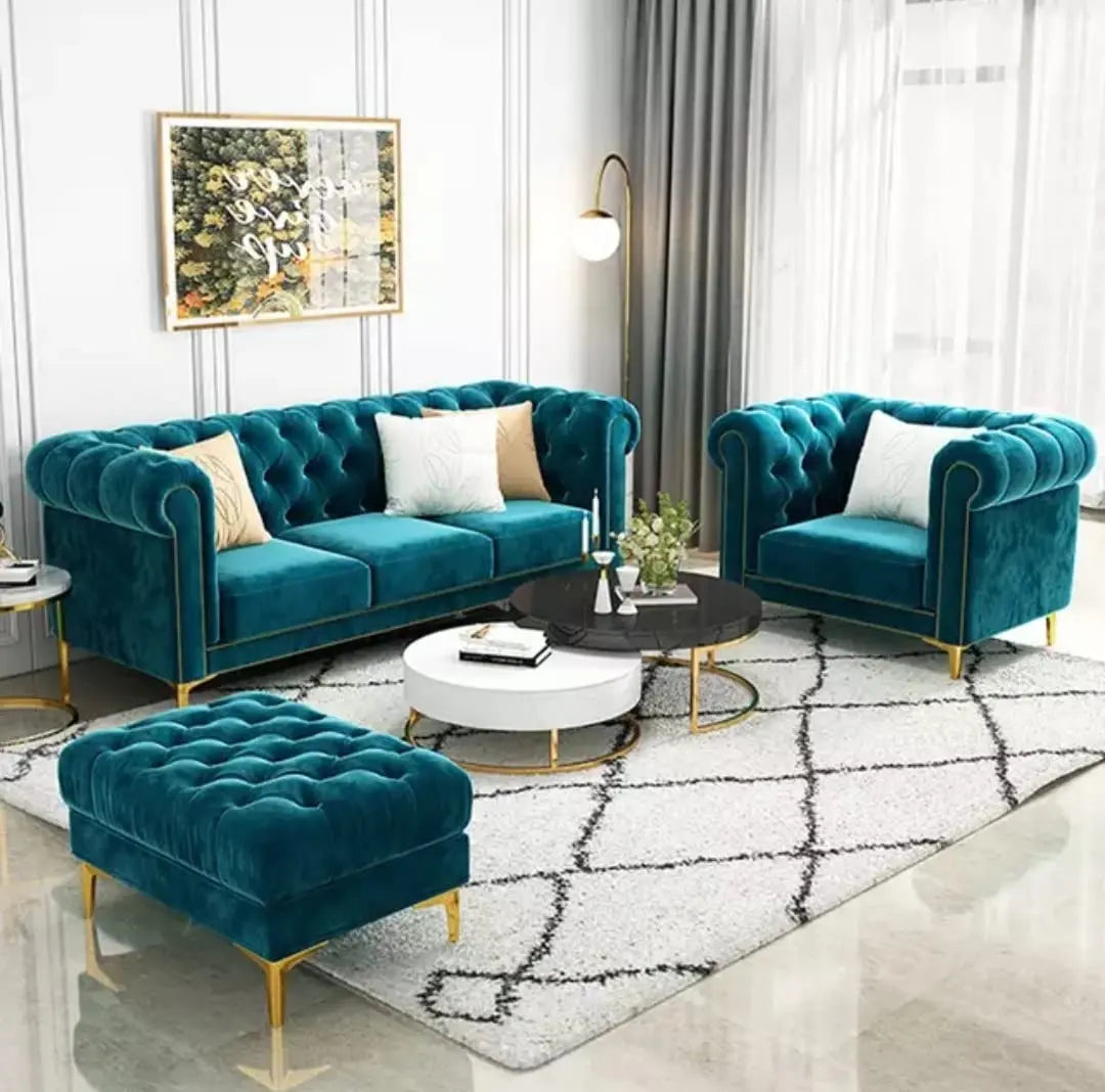 Sofa Feal - Modern Classic 4 Seater Fabric & Velvet Tufted 3+1+1Footrest Chesterfield Sofa Living Room and Office Furneez